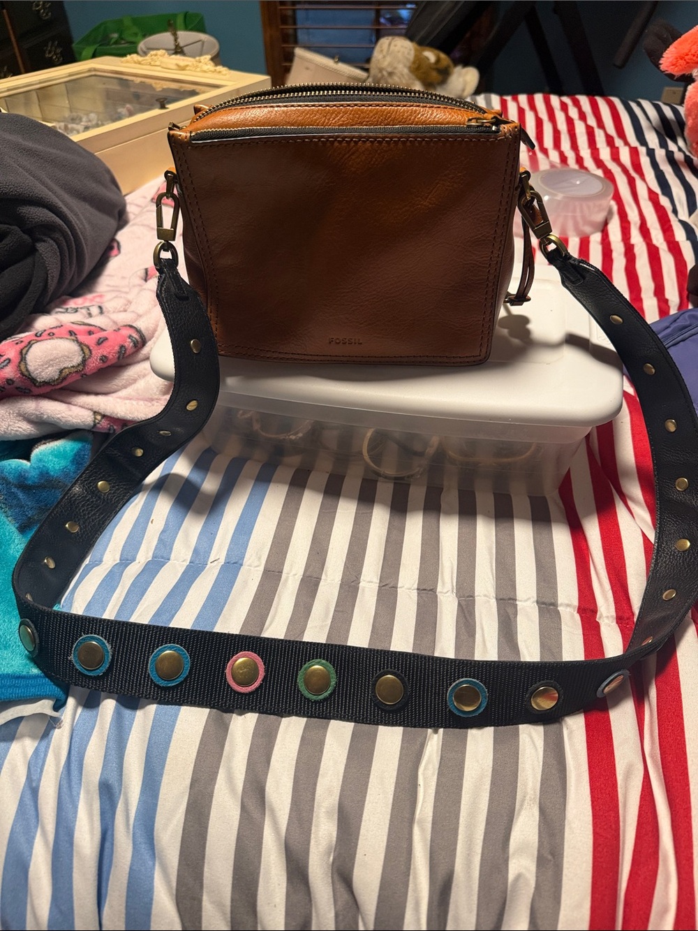 Fossil Brown Leather Crossbody with Studded Black Web Strap